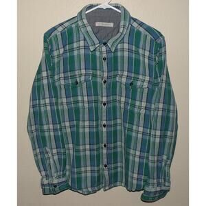 Outer Known Men’s XL (L/M) Blanket Shirt Blue Green Stripe Heavy Organic Cotton